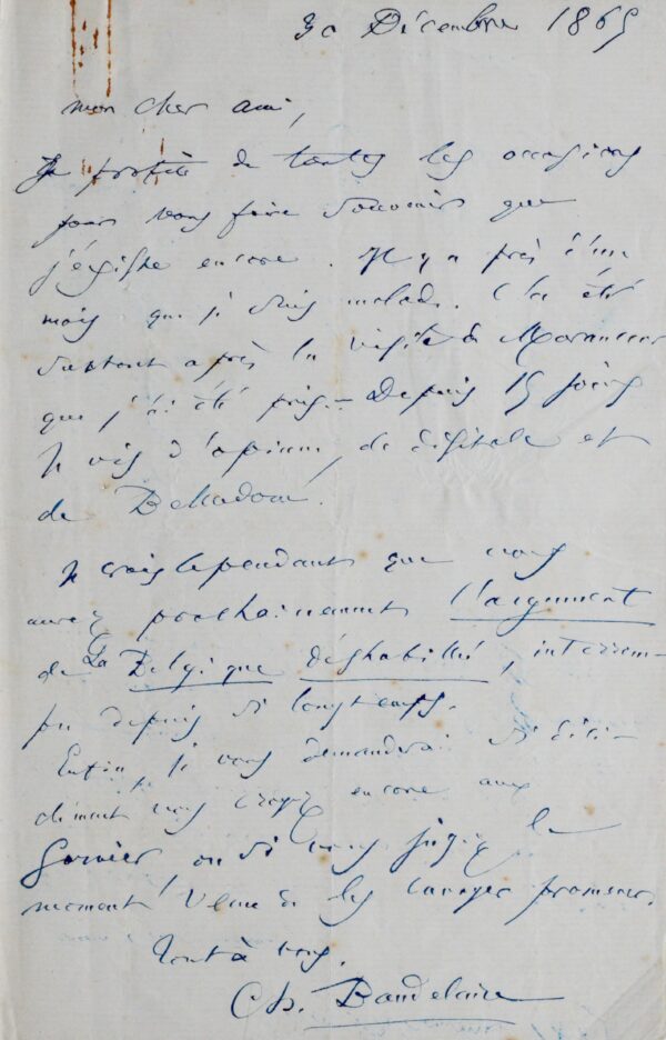 Importante lettre de Baudelaire : l'opium et la Belgique déshabillée