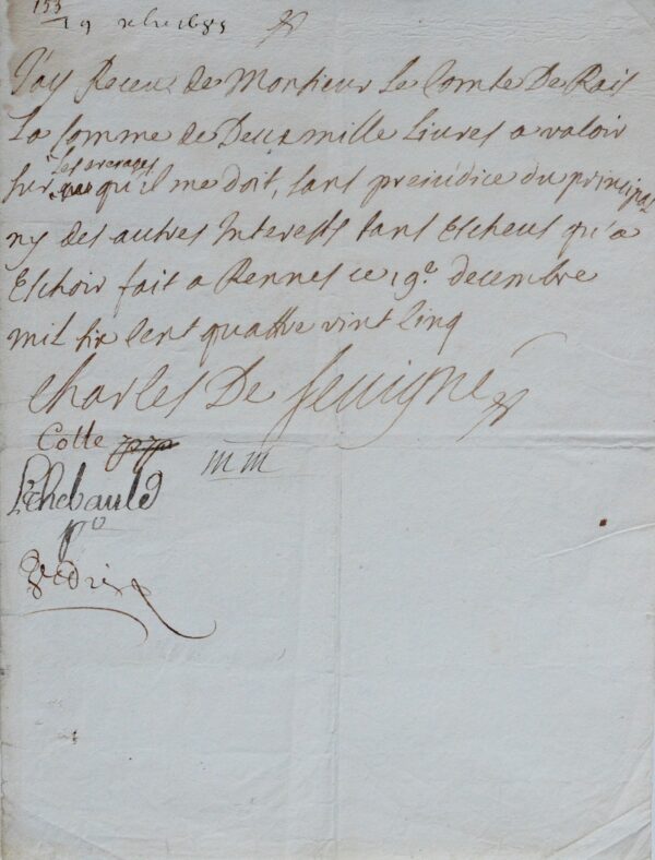 Quittance autographe de Charles de Sévigné, fils de la Marquise