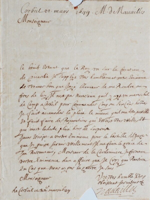 Le maréchal de Navailles offre ses services à Mazarin durant la Fronde