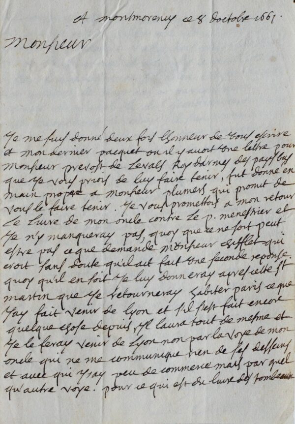 Très rare lettre littéraire de l'érudit et historien du XVIIe, Jean Le Laboureur