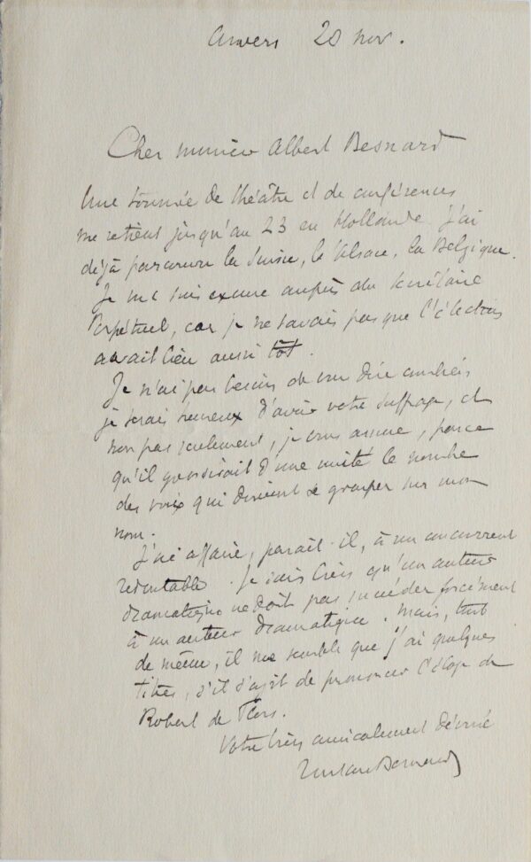 Tristan Bernard sollicite le vote d'Albert Besnard pour sa candidature à l'Académie française