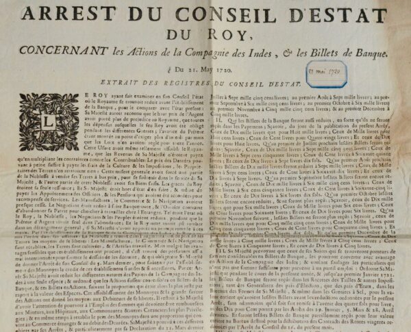 Affiche du 21 mai 1720 concernant les actions de la Compagnie des Indes et la banque de Law