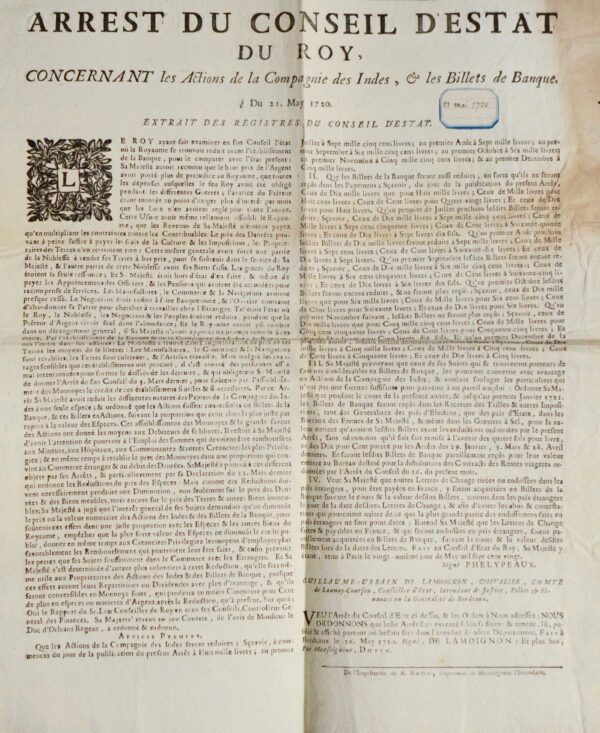 Affiche du 21 mai 1720 concernant les actions de la Compagnie des Indes et la banque de Law