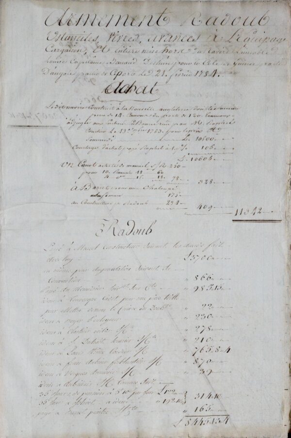 Comptes d'un navire négrier, l'Aimable Louise, en 1784
