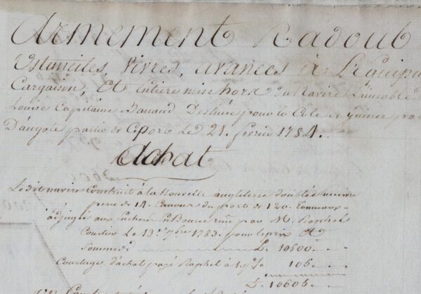 Comptes d'un navire négrier, l'Aimable Louise, en 1784