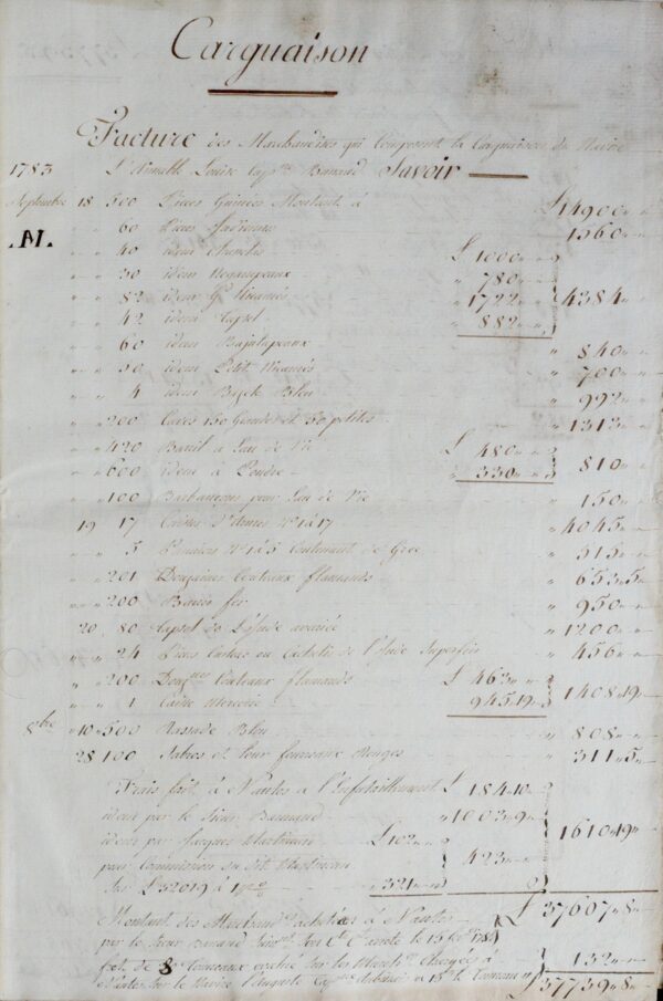 Comptes d'un navire négrier, l'Aimable Louise, en 1784