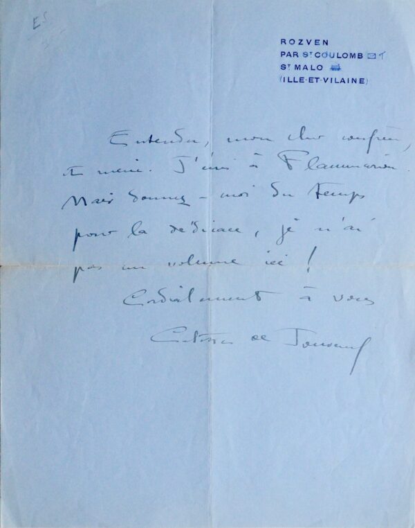 Colette évoque Flammarion et manque d'ouvrages à dédicacer à Saint-Coulomb