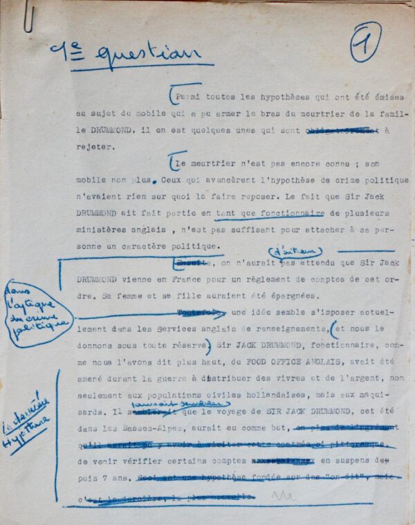 Affaire Dominici : intéressant tapuscrit abondamment annoté, relatif au triple crime de Lurs