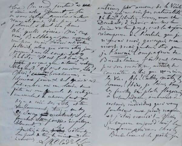 Lettre de Léon Cladel à Alphonse Daudet, à propos de L'Arlésienne et de Baudelaire