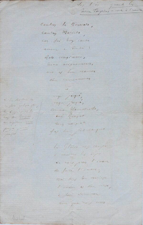 "Li noço de Ranquet" long manuscrit d'un poème mis en chanson de Frédéric Mistral