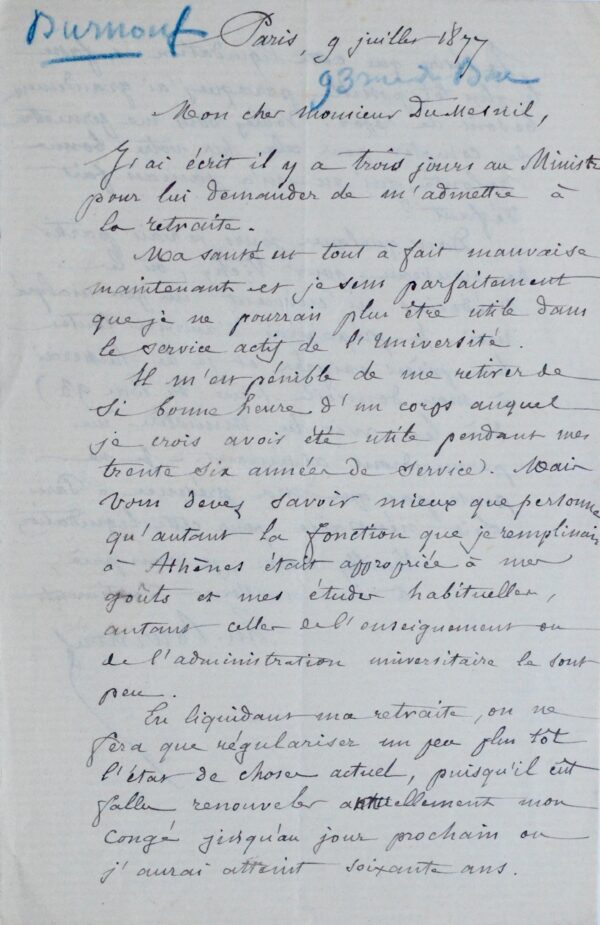 Émile Burnouf réclame une retraite anticipée, regrettant Athènes