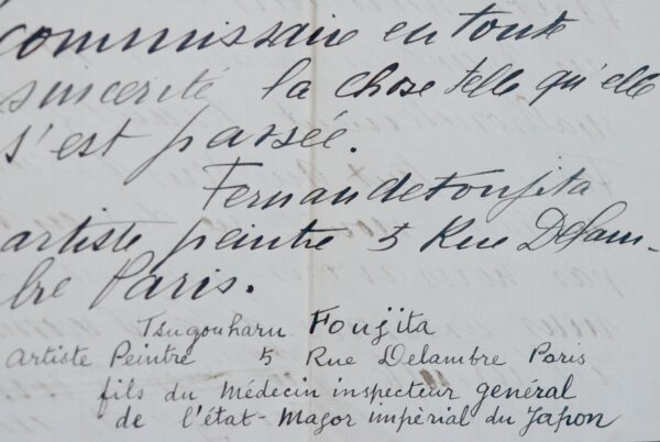 Plainte pour agression de Fernande Barrey, signée par Tsugouharu Foujita