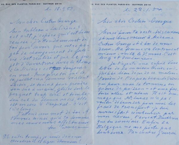 Deux lettres de Léopold Survage, relatives à ses peintures et expositions