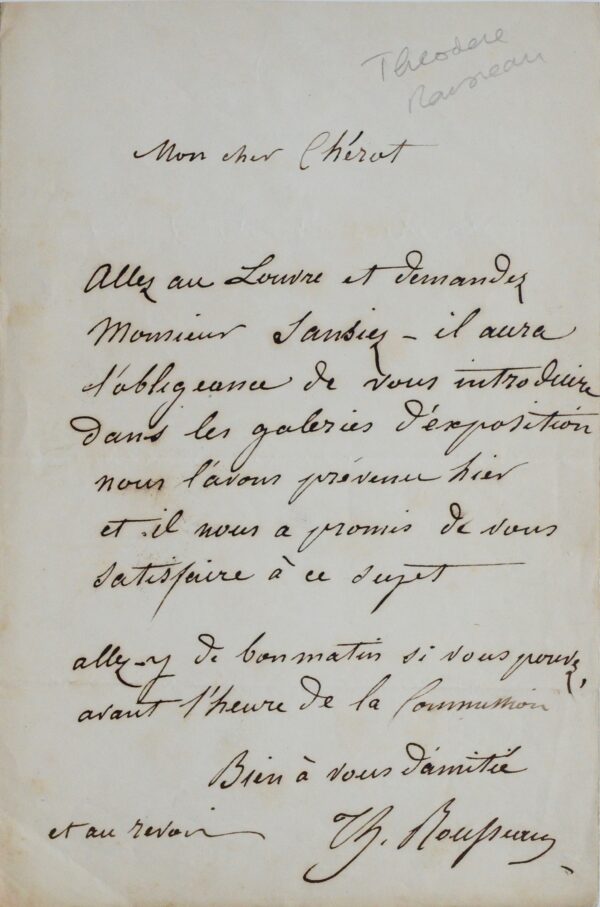 Théodore Rousseau à Chérot : lettre d'un peintre de l'école de Barbizon à un autre