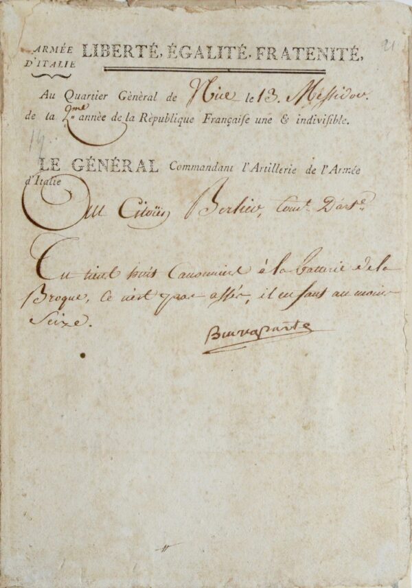 Rare pièce signée Buonaparte, écrite de Nice en messidor an 2, durant la Grande Terreur