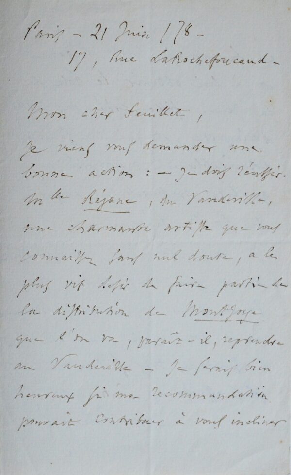 Gounod recommande Réjane à Octave Feuillet pour le Vaudeville