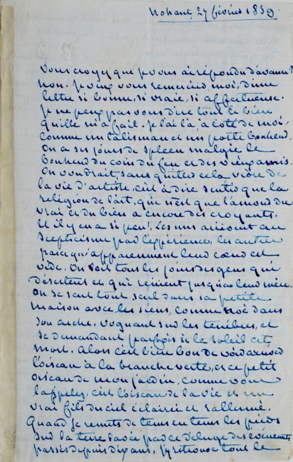 Superbe lettre de George Sand à Octave Feuillet, sur les souffrances et les espoirs