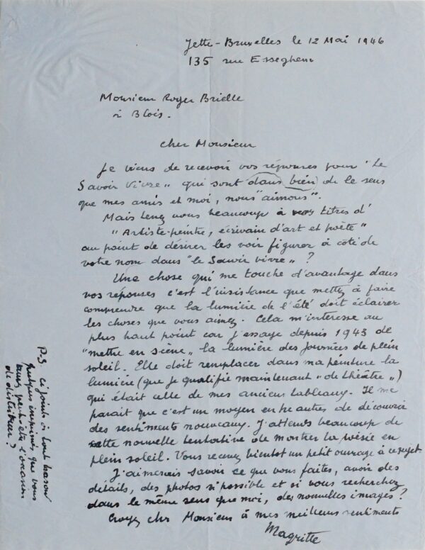 Superbe lettre de Magritte expliquant le rôle de la lumière dans sa peinture