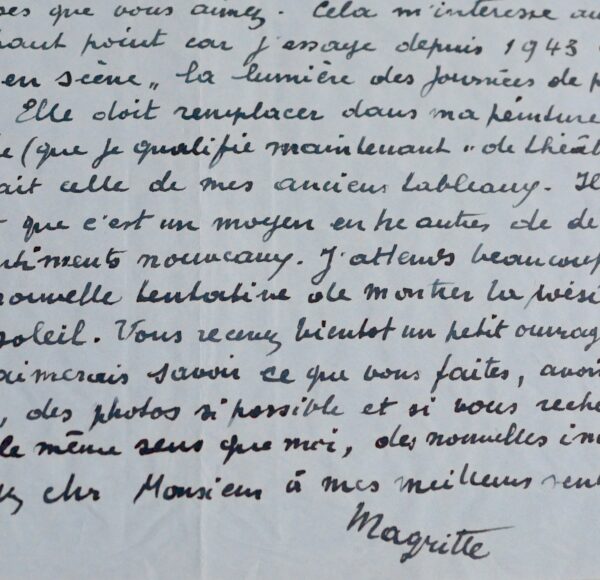 Superbe lettre de Magritte expliquant le rôle de la lumière dans sa peinture