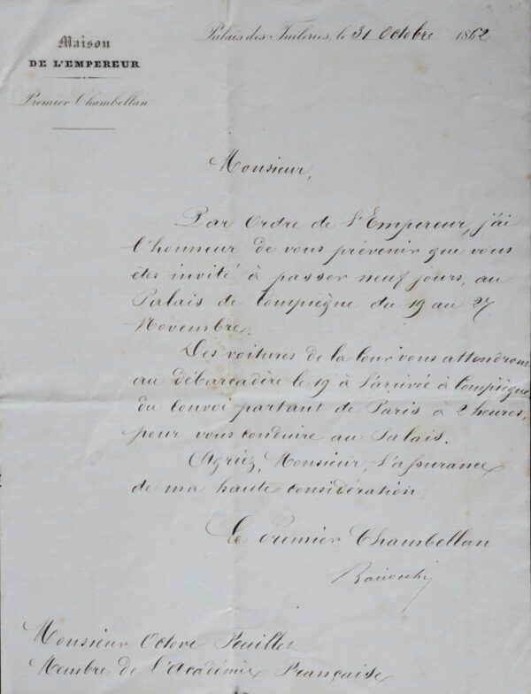 Invitation impériale à séjourner au Palais de Compiègne