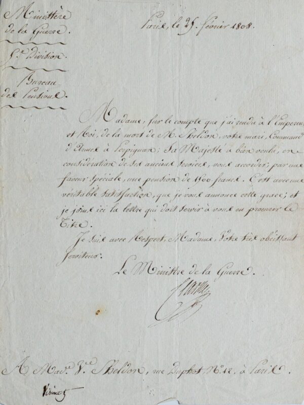 Le duc de Feltre, sur ordre de l'Empereur, alloue une pension à la veuve du général Sheldon