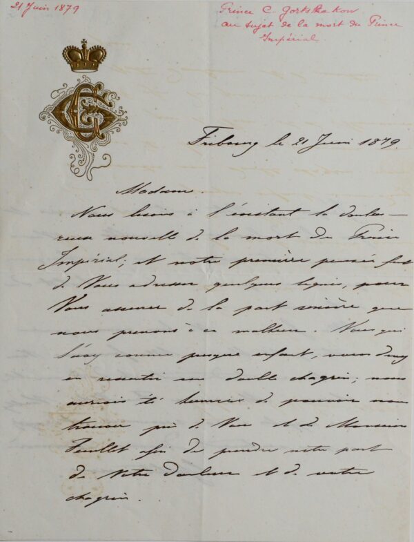 Le prince Constantin Gortchakov évoque la mort du Prince Impérial