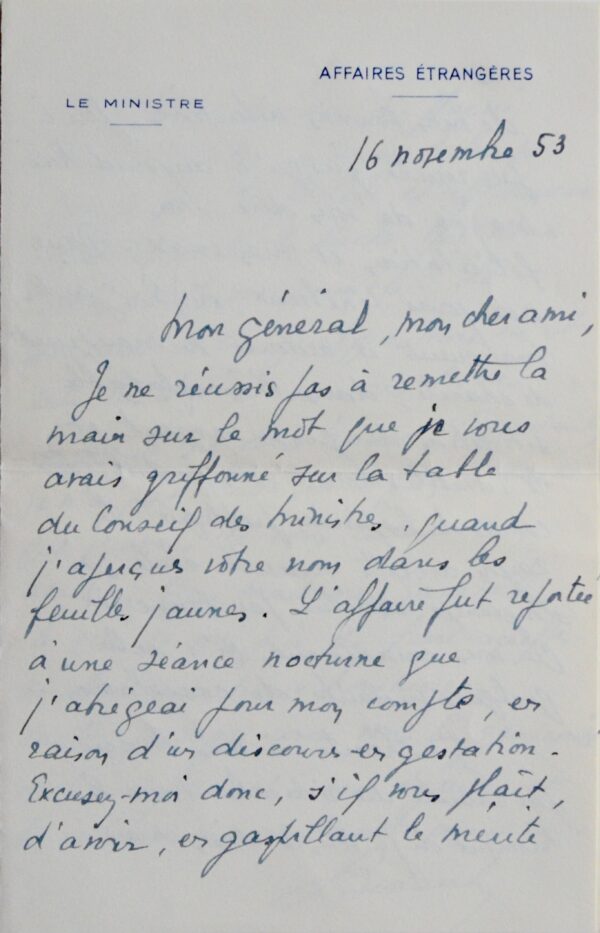Georges Bidault évoque la promotion de Ganeval et de Lattre de Tassigny mourant