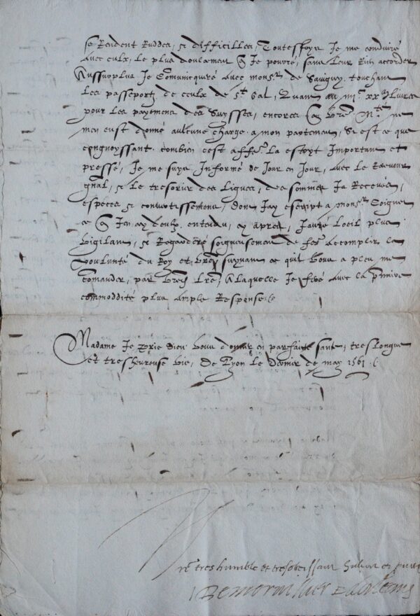Belle et rare lettre de Jean de Morvillier, évêque d'Orléans et garde des sceaux, adressée à Catherine de Médicis