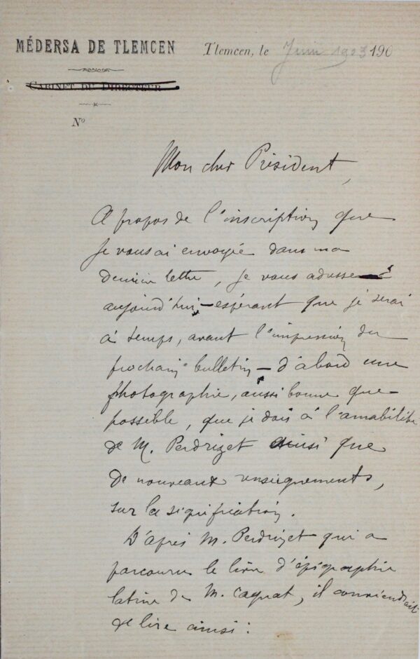 Alfred Bel décrit la découverte d'une inscription latine en Algérie