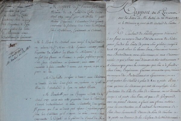 2 manuscrits de l'architecte Perronet sur la construction du Pont de l'Archevêché à Lyon