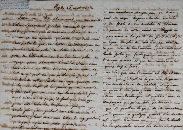 Longue lettre d'Aubin Louis Millin de Grandmaison, écrite de Naples en 1812