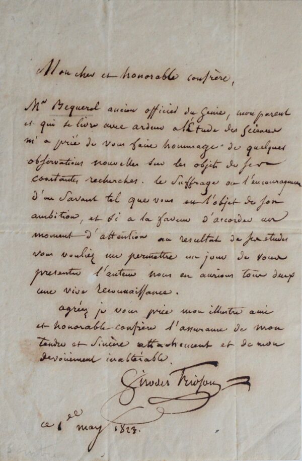 Girodet-Trioson recommande les travaux scientifiques d'Antoine César Becquerel