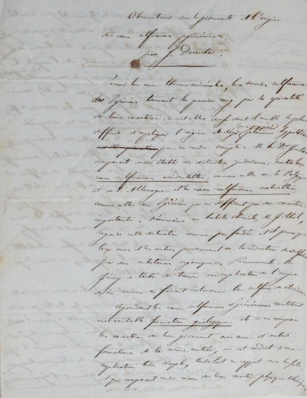 Observations du minéralogiste Joseph Durocher sur les eaux sulfureuses pyrénéennes