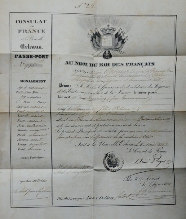 1847 : passeport délivré à un français de la Nouvelle-Orléans, en Louisiane