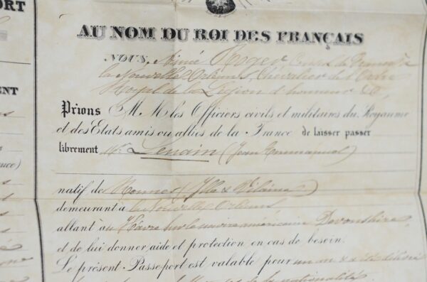 1847 : passeport délivré à un français de la Nouvelle-Orléans, en Louisiane