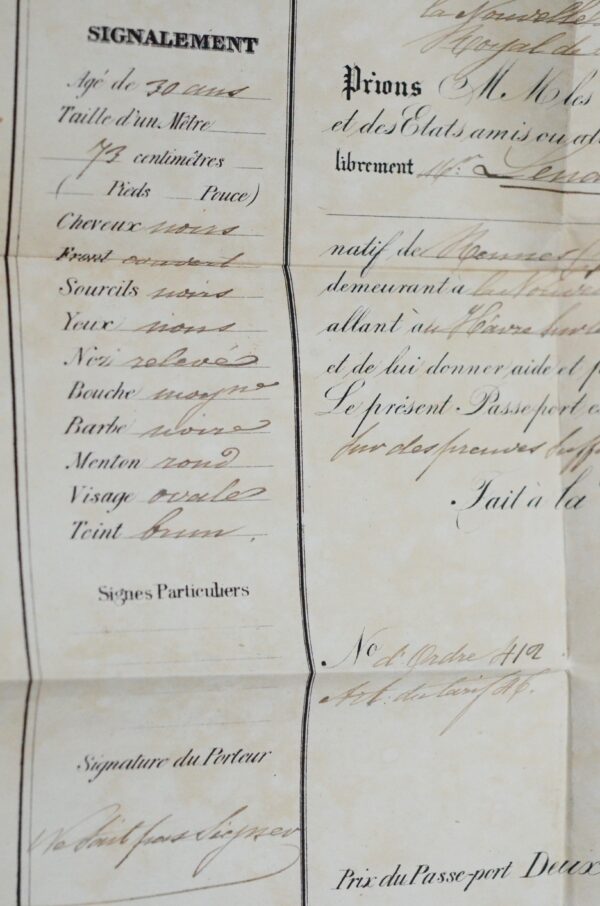 1847 : passeport délivré à un français de la Nouvelle-Orléans, en Louisiane