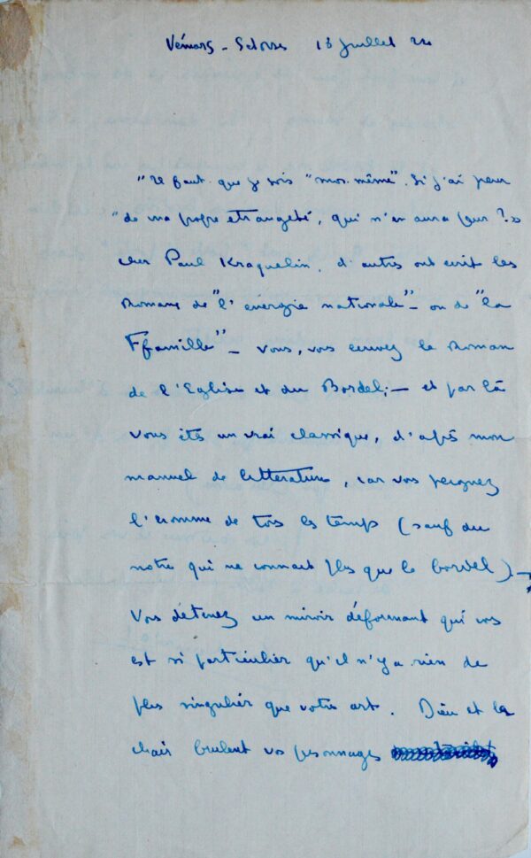 Très belle lettre de Mauriac à Jouhandeau, sur les Pincengrain