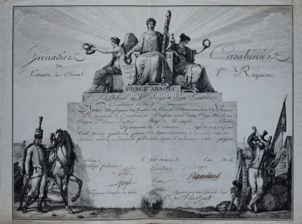 Magnifique diplôme révolutionnaire gravé à partir du dessin de Carle Vernet, signé par le général d'Hautpoul