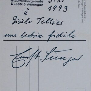 Sur une carte le représentant avec Jorge Luis Borges, Ernst Jünger adresse quelques mots à une lectrice fidèle