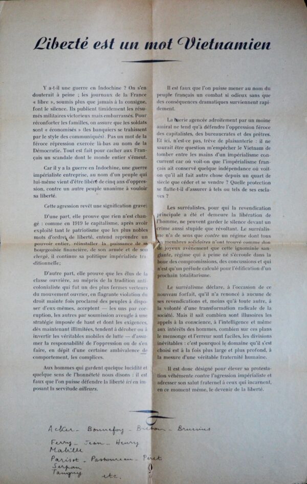 Epreuve corrigée par André Breton du manifeste anticolonialiste : "Liberté est un mot vietnamien"