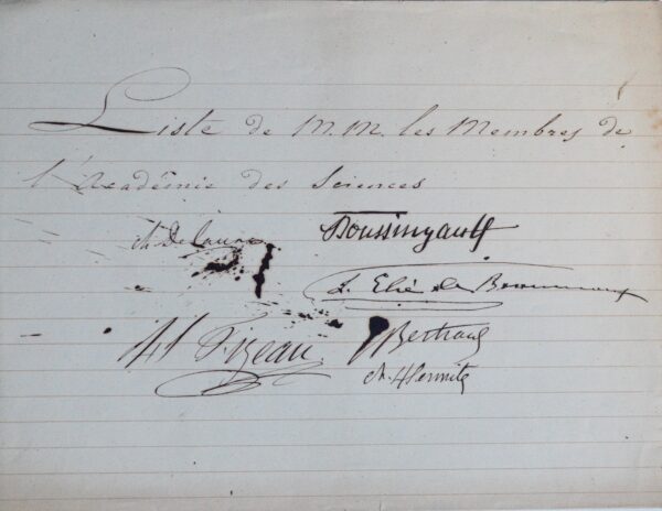 Pièce signée par Boussingault, Fizeau, Élie de Beaumont, Delaunay, Bertrand et Hermite.