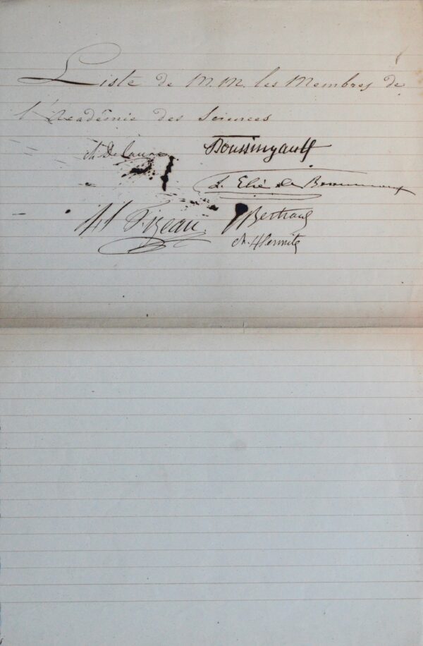 Pièce signée par Boussingault, Fizeau, Élie de Beaumont, Delaunay, Bertrand et Hermite.