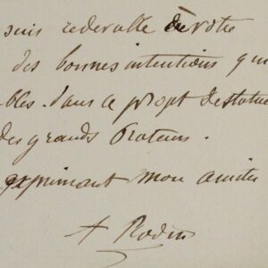Belle lettre de Rodin sur le projet de statues des grands orateurs, pour l'Assemblée Nationale