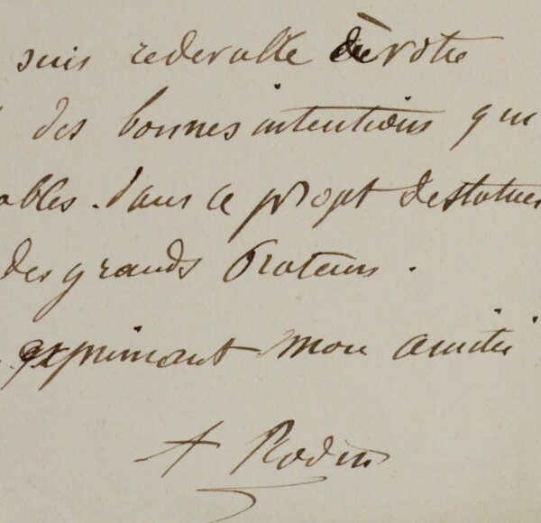 Belle lettre de Rodin sur le projet de statues des grands orateurs, pour l'Assemblée Nationale