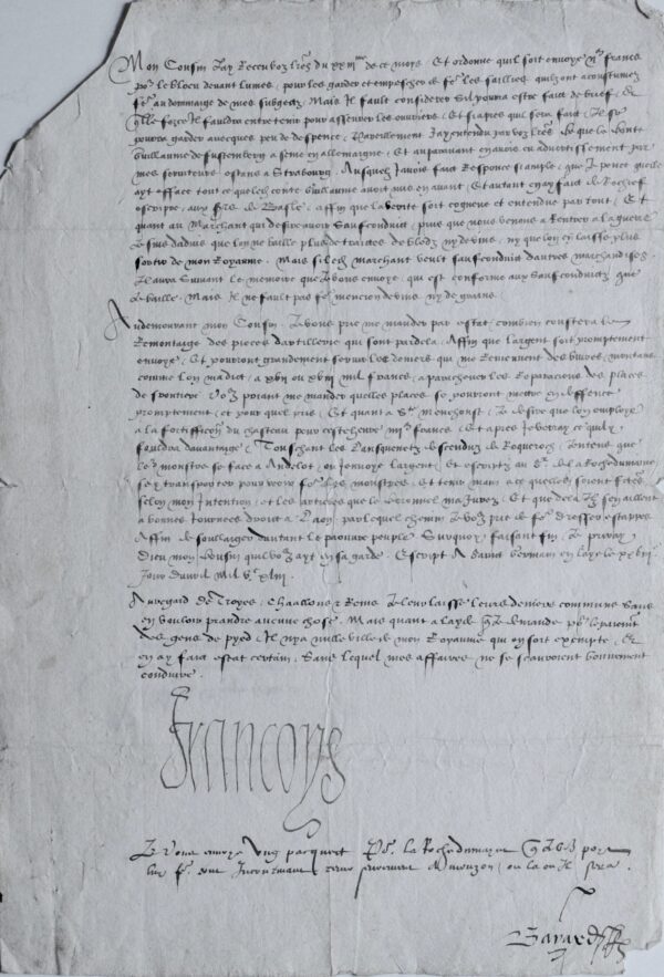 Superbe lettre de François Ier au duc de Guise