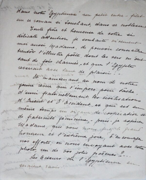 Lettre de la féministe égyptienne Céza Nabaraoui à Jane Catulle-Mendès