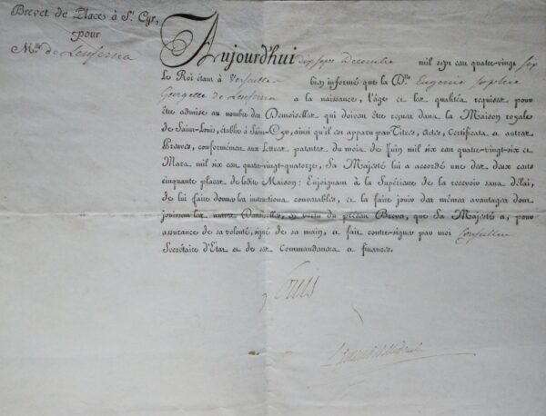 Rare brevet d'admission d'une jeune aristocrate à la Maison royale de Saint-Cyr