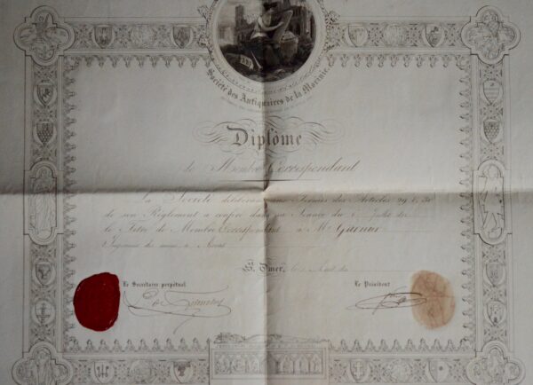 Superbe diplôme de membre de la Société des Antiquaires de la Morinie