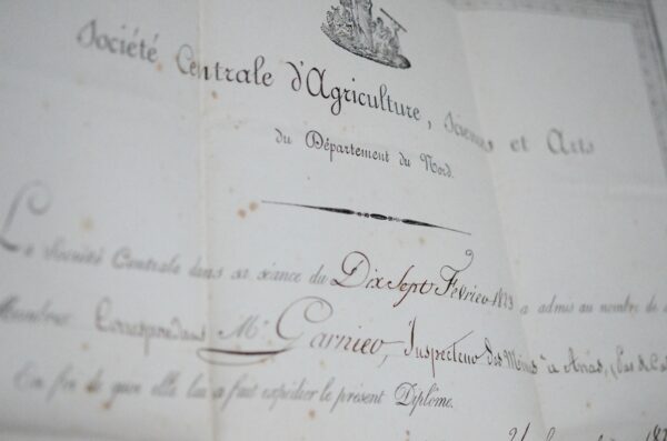 Diplôme de 1823 de la Société centrale d'Agriculture, Sciences et Arts du Nord
