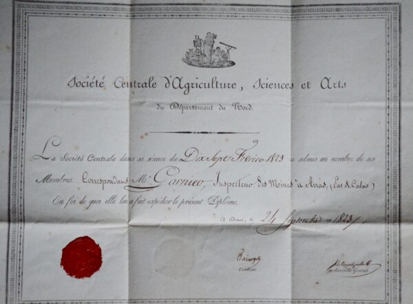 Diplôme de 1823 de la Société centrale d'Agriculture, Sciences et Arts du Nord